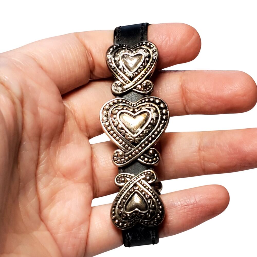 Silver Tone Heart Charms Stretch Beaded Bracelet 6" Faux Leather Strap